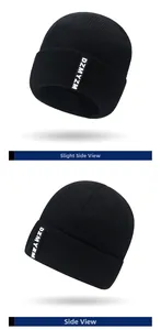 Detail view of black knit beanie with DZMYZM leather patch from side and profile angles