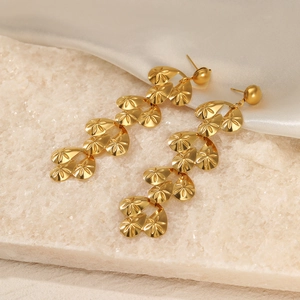Long gold-plated stainless steel teardrop earrings with textured heart-shaped petal charms