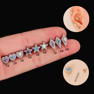 Stainless steel screw back stud earrings with star and heart shape colorful zircon stones