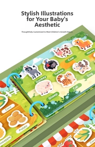 Macro detail of toddler busy book showing removable animal and fruit velcro cognition cards