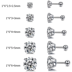 Size comparison of stainless steel stud earrings with zirconia in five different diameters