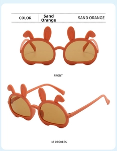 Detail of sand orange rabbit ear kids sunglasses with foldable frame and round lenses