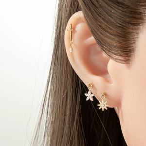 Titanium gold dagger ear stud with star floral pendants and clear crystal charms