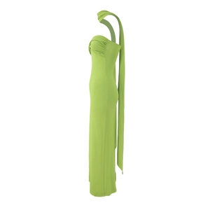 Detail of lime green halter maxi dress with pleated bust and slim fit backless design