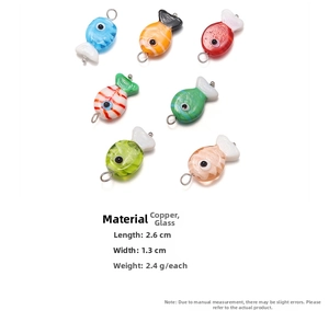 Detailed size specifications for handmade glass fish charms in various vibrant colors