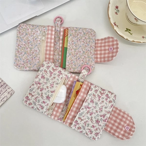 Floral and plaid fabric multi-functional wallet with card slots and zipper pocket