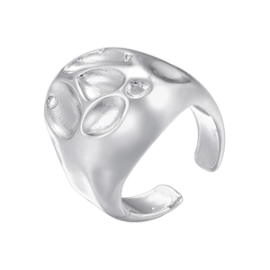 Detail of silver irregular hammered texture and wide band on the adjustable ring