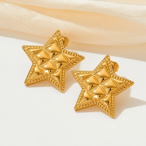 Elegant gold five-pointed star stud earrings with diamond texture and woven border design