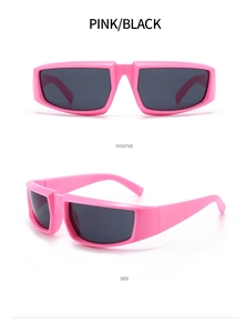 Pink futuristic Y2K sunglasses with dark lenses from front and side view angles