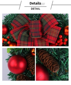 Detail of Christmas wreath featuring red plaid bow, matte red ornaments and pine cones