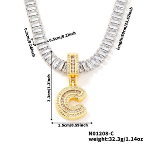 Detailed view of gold letter C pendant on silver tennis chain with size dimensions