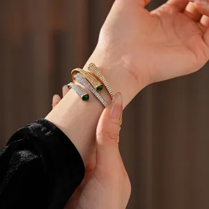 Gold and silver plated zircon teardrop open cuff bracelets with green gemstones