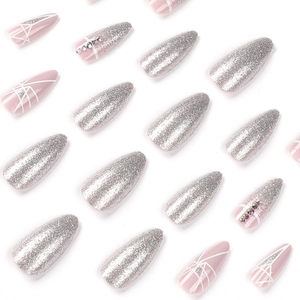 Glitter and geometric lines press-on nails set with rhinestones in long almond shape