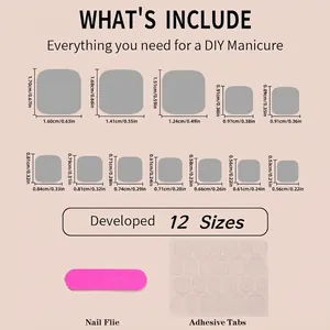 Size chart showing 12 sizes of press-on toenails with nail file and adhesive tabs