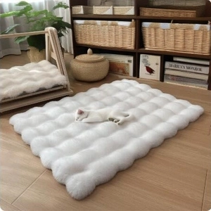 Tapis moelleux blanc en polaire à bulles pour chats et petits chiens sur parquet