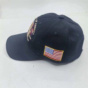 Navy blue baseball cap with American flag embroidery and commemorative 2026 eagle motifs