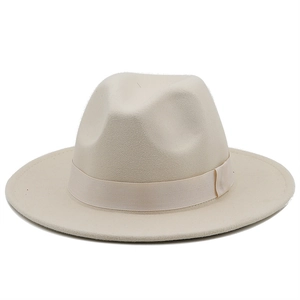 Detailed view of beige wool fedora hat with matching ribbon and structured flat brim