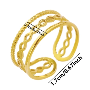 Detail view of gold multi-layer open ring showing width 0.7cm and diameter 1.7cm measurements