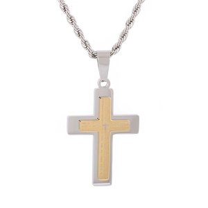 Two-tone titanium steel cross necklace with engraved Lord's Prayer on gold inner cross