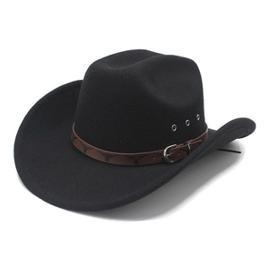 Black wool felt western cowboy hat with wide brim and cattle pattern leather band