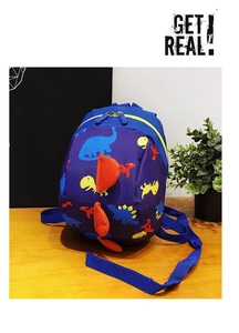Detail of cute navy blue dinosaur backpack with 3D spine accents for children