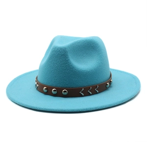 Chapeau fedora en feutre de laine bleu avec bandeau en cuir et clous argentés