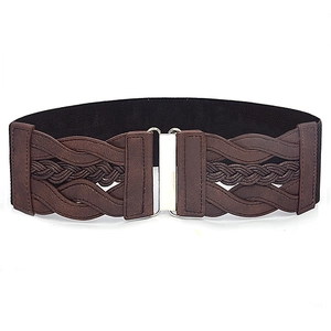 Close-up of dark brown faux leather wide waist belt with silver buckle and black elastic