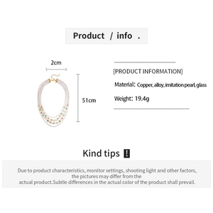 Detailed size chart and material specs for multi-layer pearl glass beaded necklace