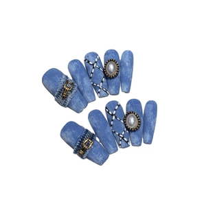 Blue denim texture press-on nails with metal buckle and pearl cross design in long coffin shape