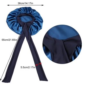 Blue satin sleep cap dimensions showing 36cm diameter and 55cm long elastic ribbons