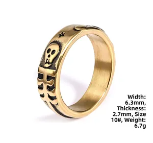 Detail view of gothic skull ring with stars, 6.3mm width and 2.7mm thickness