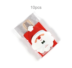 Detailed view of 10 red Christmas Santa Claus paper gift bags in clear packaging