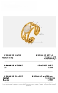 Detailed view of an 18K gold-plated stainless steel ring with a white circular inlay