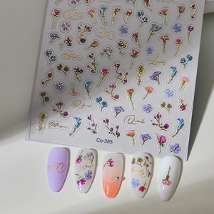 Floral nail stickers with gold stamping and colorful flower petals for nail decoration