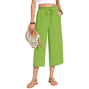 Detailed view of women's linen wide-leg pants featuring an elastic waist and drawstring cord