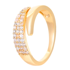 Polished gold open ring with multi-row zircon pavé accents on white background
