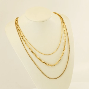 Three-layer 18K gold plated paperclip and box chain necklace on mannequin model