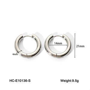 Detail view of 21mm silver stainless steel hoop earrings with size measurements