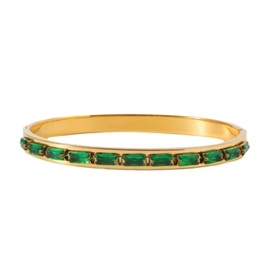 Elegant 18k gold plated bracelet featuring rectangular green gemstones on white background