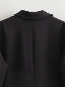 Detail of the high-quality black blazer collar and smooth fabric texture from behind