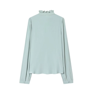 Women's light mint green viscose blouse featuring a ruffled collar and back-view design