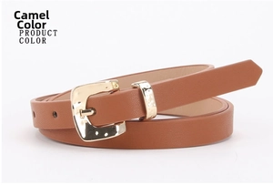 Detail of camel slim belt featuring fine texture and a polished gold square metal buckle