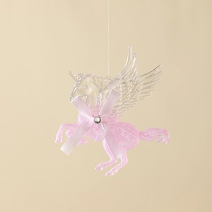 Pink gradient acrylic unicorn ornament with glitter wings and ribbon for Christmas tree
