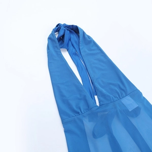 Detail of blue halter neck top with deep V-neckline and sheer mesh knit texture