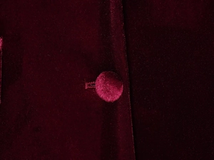 Close-up of a velvet fabric covered button and buttonhole on a dark red blazer