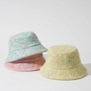 Women Colorful Knit Plush Bucket Hat Winter Warm Space Dye Mohair Style Chic Sunshade Foldable Soft Basin Hat For Lady