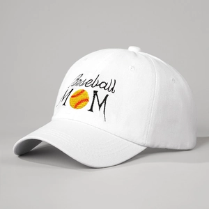 Close-up of Baseball MOM embroidery on a white washed cotton pony tail cap