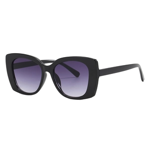 Classic oversized square black sunglasses with purple gradient lenses in 45-degree view