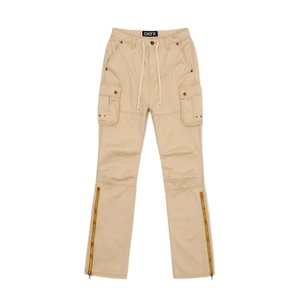 Slim fit khaki cargo pants with drawstring waist and zipper flare leg detail