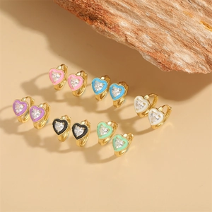 Elegant heart-shaped hoop earrings with colorful enamel and zircon in six vibrant colors